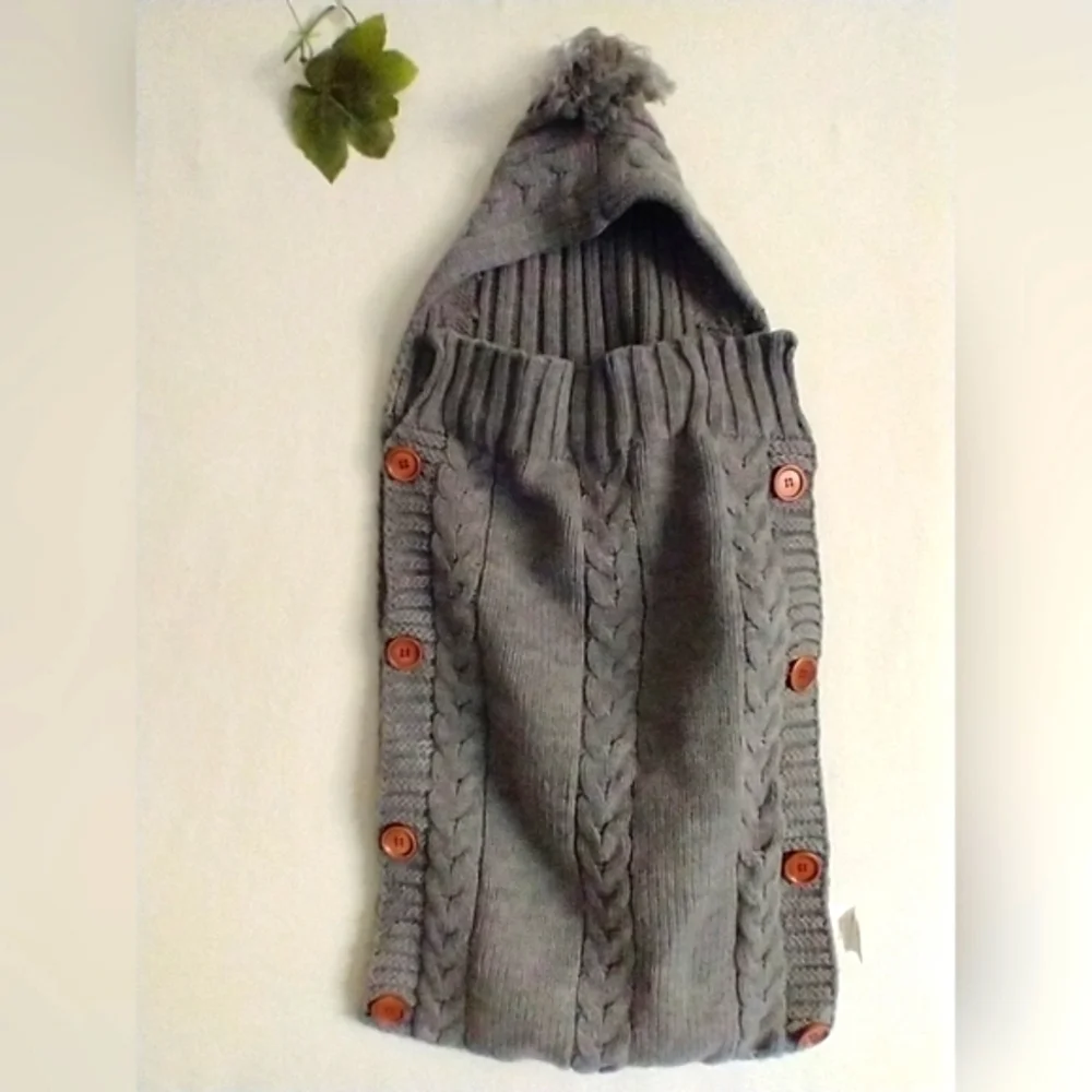 Newborn Baby Swaddle Blanket Knit Classic Preppy Cozy With Hood Gray - Picture 10 of 10